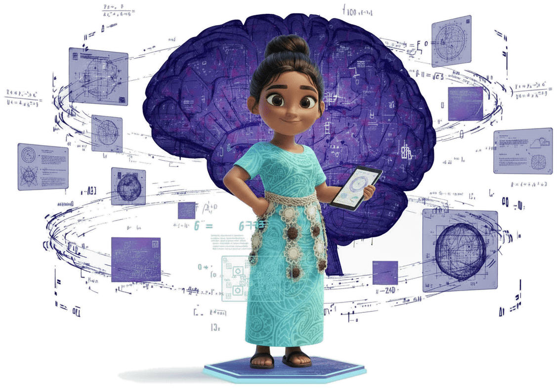 A girl holding a tablet in front of a glowing purple brain graphic surrounded by floating data and analytics panels