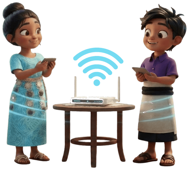 Two children looking at a home Wi-Fi router with a wifi signal icon, tablets in hand