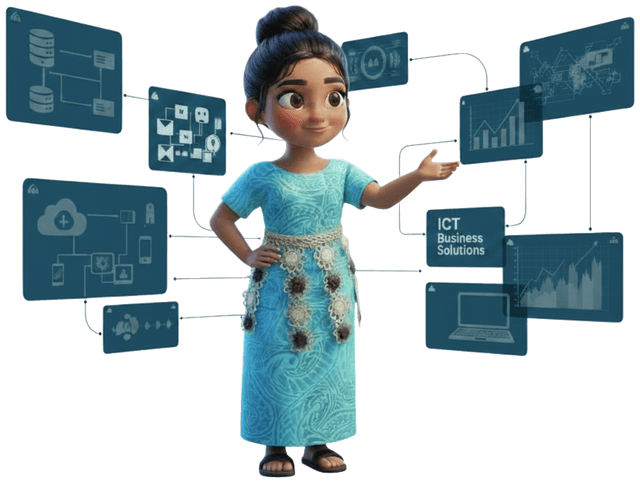 A girl in ngatu-print dress beside an 'ICT Business Solutions' panel and surrounding network, cloud, and analytics dashboard screens