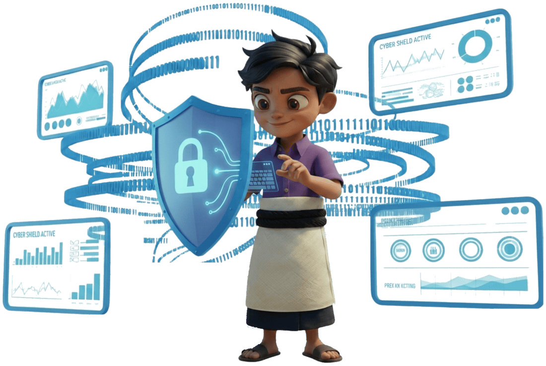 A boy in ta'ovala wrap holding a glowing padlock shield, surrounded by four outlined cyber security dashboard panels and a spiralling ribbon of binary code