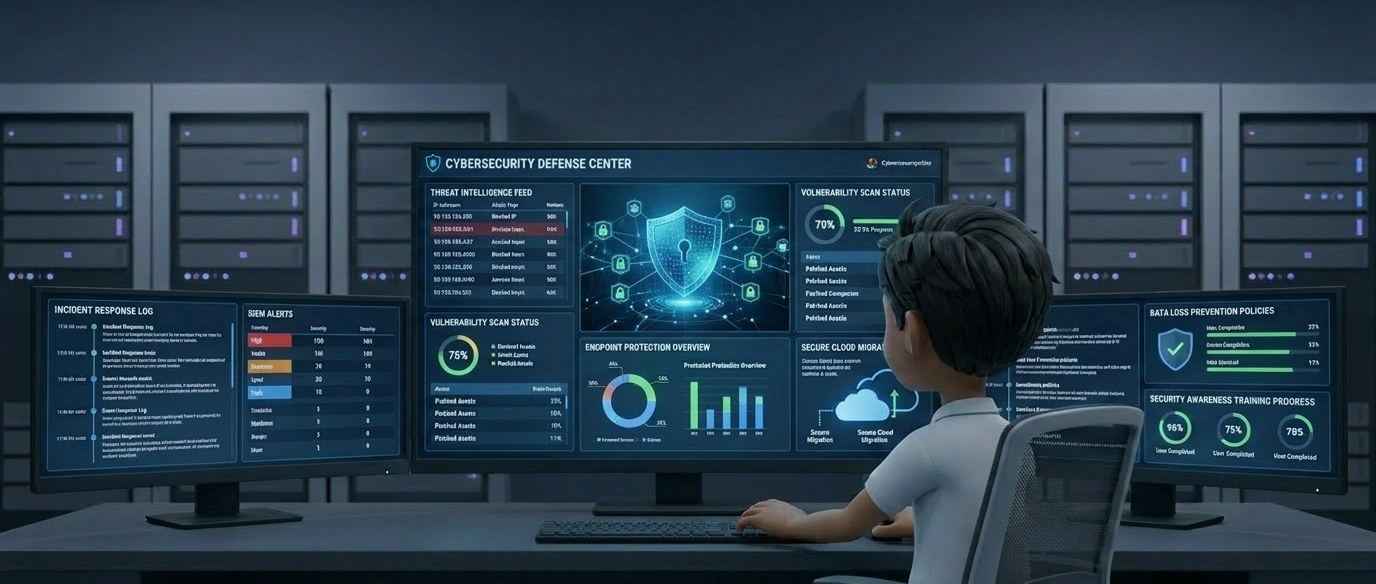A WanTok analyst monitoring threat intelligence, vulnerability and endpoint protection dashboards in a cybersecurity operations centre