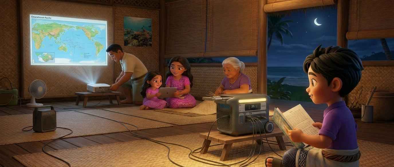 A Tongan family powering lights, a fan and a projector off a WanTok solar battery at night