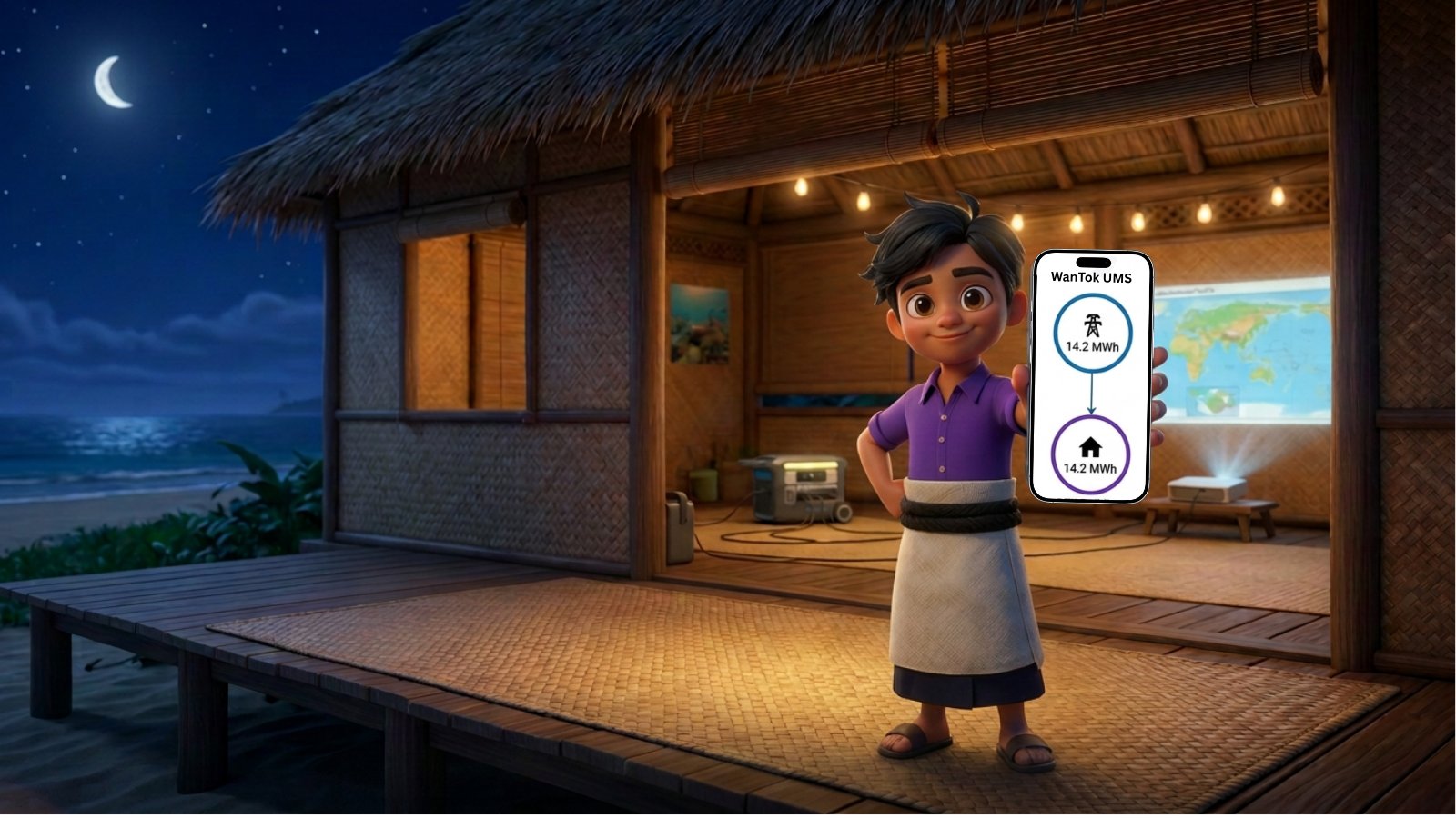 A boy showing the WanTok Utility Management System app on his phone, tracking energy distribution and usage