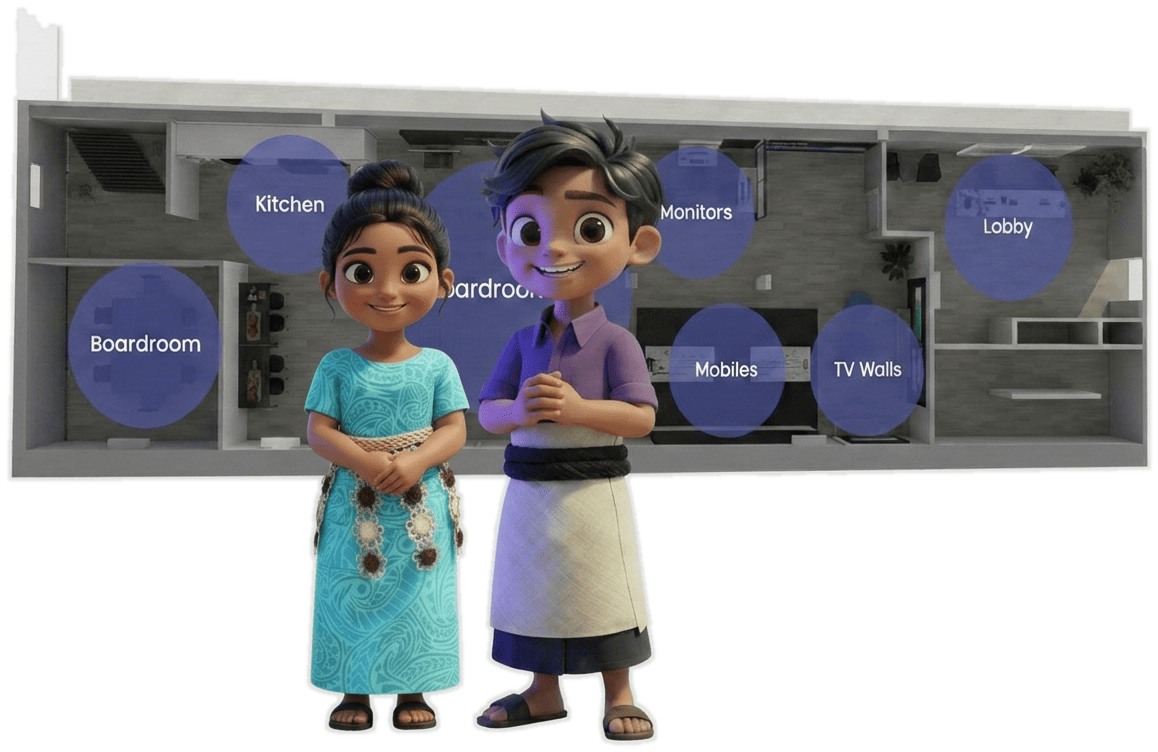 A girl in a teal dress and a boy standing together in front of an illustrated floor plan of the Samsung Innovation Hub, with labelled areas including the Kitchen, Boardroom, Monitors, Mobiles, TV Walls, and Lobby