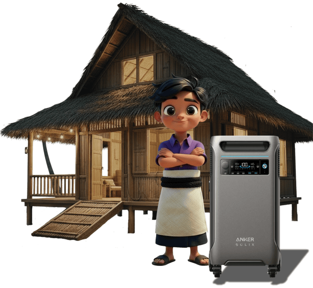 A boy in ta'ovala wrap standing in front of a traditional Tongan-style fale, beside an Anker Solix portable power station