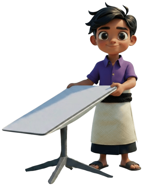 A boy in ta'ovala wrap setting up a Starlink satellite dish mount